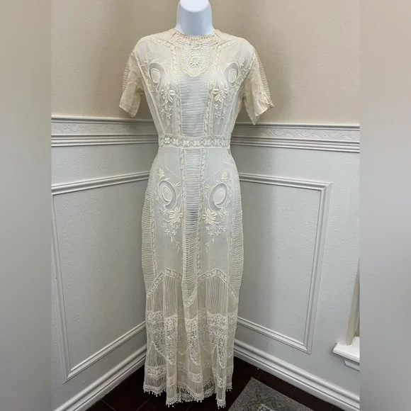 Antique Edwardian Lace Tea Dress 1900s Cotton Lawn Embroidered Bridal - Picture 1 of 14